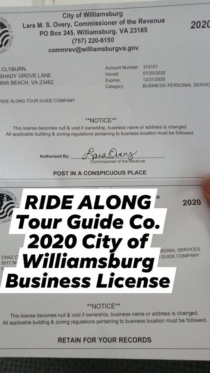 RIDE ALONG Tour Guide Co. 2020 City of Williamsburg Business License